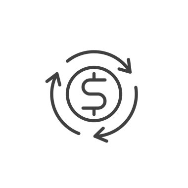 Cash Flow çizgi simgesi. Mobil konsept ve web tasarımı için doğrusal biçim işareti. Bir dolar işareti vektör simgesinden geçen oklar. Gelir yönetimi sembolü, logo illüstrasyonu. Vektör grafikleri