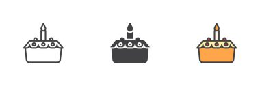 Aydınlatılmış mumlu Paskalya pastası farklı bir tarz ikon seti. Çizgi, kabartma ve doldurulmuş renkli versiyon, ana hatlar ve doldurulmuş vektör işareti. Sembol, logo çizimi. Vektör grafikleri