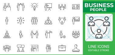 İş adamları çizgi ikonu seti. Takım çalışması, liderlik, fikir, toplantı, ağ oluşturma ve uzak çalışma için taslak vektör simgeleri ve sembolleri. Doğrusal olarak düzenlenebilir vuruş simgeleri