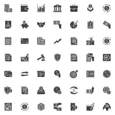 Finansal işlem vektör simgeleri seti, modern katı sembol koleksiyonu, doldurulmuş biçim piktogram paketi. İşaretler, logo illüstrasyonu. Küme para transferi, fatura ödeme, yatırım ve banka olarak simgeleri içerir