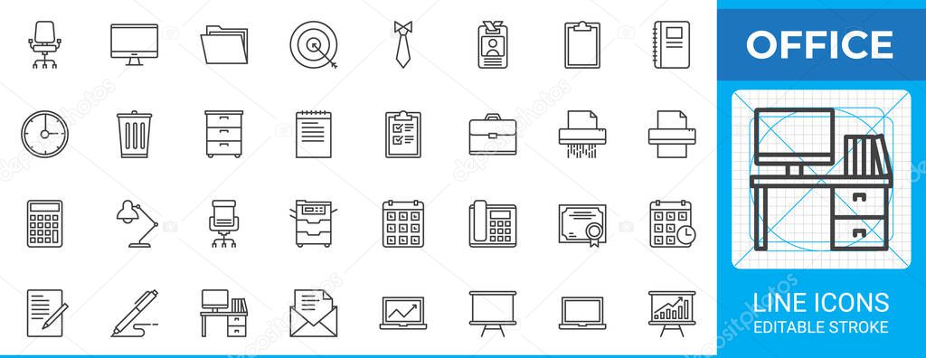 Office line icon set. Outline vector icons include chair, monitor, file clipboard, calendar, printer, laptop, pen, desk, briefcase, document and shredder. Editable stroke icon pack