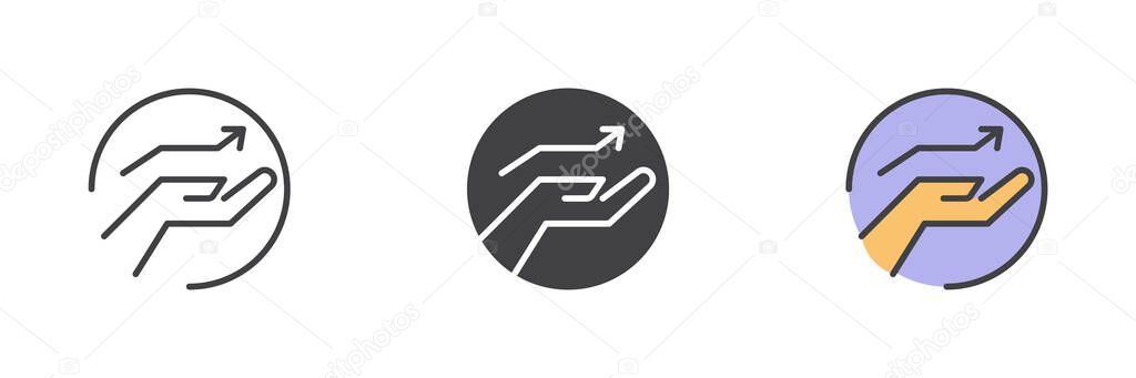 Fostering growth different style icon set. Line, glyph and filled outline colorful version, outline and filled vector sign. Hand with upward arrow symbol, logo illustration. Vector graphics