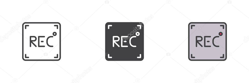 REC button different style icon set. Line, glyph and filled outline colorful version, outline and filled vector sign. Camera Interface Element symbol, logo illustration. Vector graphics