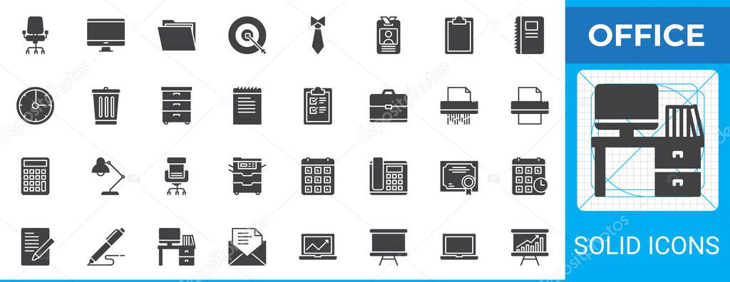 Office solid glyph icon set. Vector signs include desk, computer, clipboard, document, ID card, calendar, shredder, trash bin, office chair, briefcase, and printer. Ideal icon pack for workplace use
