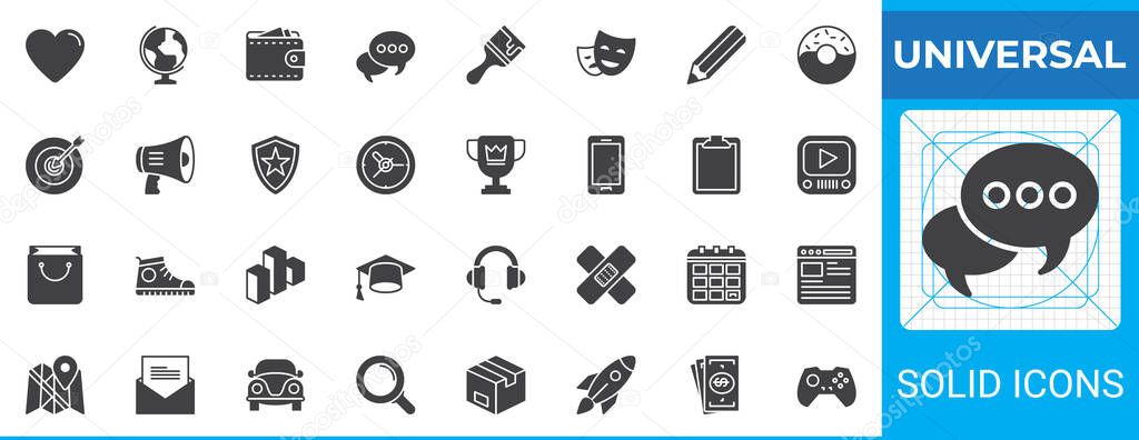 Universal solid glyph icon pack. Vector symbol set includes icons such as heart, wallet, chat, trophy, smartphone, graduation cap, rocket, money, calendar, video player, email, gamepad. Ideal for UI and mobile apps