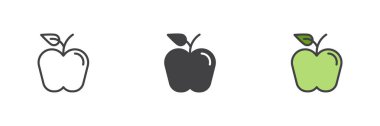 Saplı elma ve yaprak farklı stil simgesi seti. Çizgi, kabartma ve doldurulmuş renkli versiyon, ana hatlar ve doldurulmuş vektör işareti. Sembol, logo çizimi. Vektör grafikleri