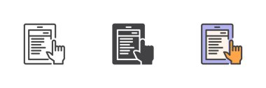 Ekrana farklı bir biçim simgesine dokunan eli olan tablet. Çizgi, kabartma ve doldurulmuş renkli versiyon, ana hatlar ve doldurulmuş vektör işareti. Tablet sembolü, logo illüstrasyonuName