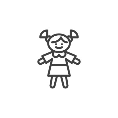 Oyuncak bebek çizgisi simgesi. Mobil konsept ve web tasarımı için doğrusal biçim işareti. Kız bebek taslak vektör ikonu. Sembol, logo çizimi. Vektör grafikleri