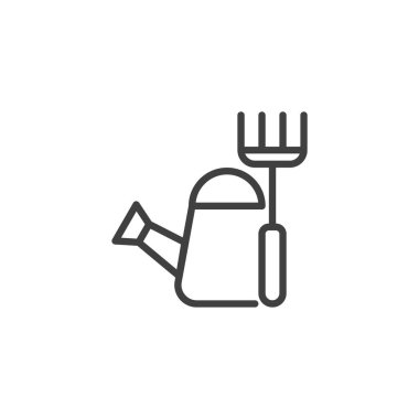 Bahçe malzemeleri ikonu. Mobil konsept ve web tasarımı için doğrusal biçim işareti. Sulama kutusu, vektör simgesini tırmıkla. Sembol, logo çizimi. Vektör grafikleri