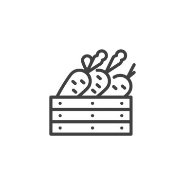 Havuç çizgisi ikonlu bir kutu. Mobil konsept ve web tasarımı için doğrusal biçim işareti. Havuçlar ana hatlı vektör simgesini sandığa koyuyor. Hasat toplama sembolü, logo illüstrasyonu. Vektör grafikleri