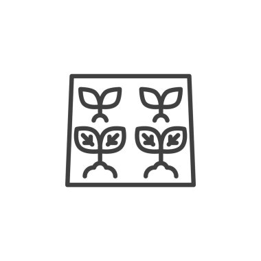 Satır çizgisi simgesindeki genç bitkiler. Mobil konsept ve web tasarımı için doğrusal biçim işareti. Büyüyen bitkilerin ana hatları vektör simgesi. Sembol, logo çizimi. Vektör grafikleri