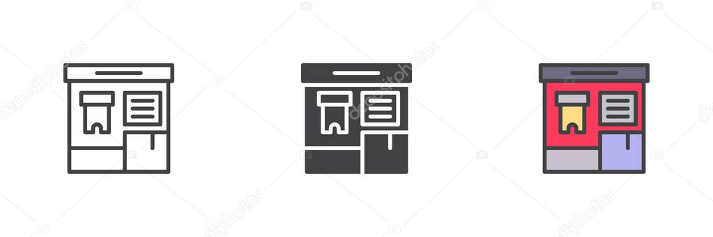 Ticket vending machine different style icon set. Line, glyph and filled outline colorful version, outline and filled vector sign. Ticket booth symbol, logo illustration. Vector graphics