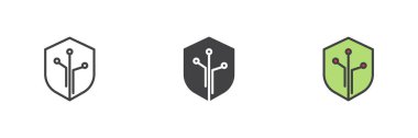 Siber güvenlik kalkanı farklı stil simgesi ayarlandı. Çizgi, kabartma ve doldurulmuş renkli versiyon, ana hatlar ve doldurulmuş vektör işareti. Sembol, logo çizimi. Vektör grafikleri