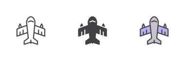 Uçak stili ikon seti. Çizgi, kabartma ve doldurulmuş renkli versiyon, ana hatlar ve doldurulmuş vektör işareti. Uçak sembolü, logo çizimi. Vektör grafikleri