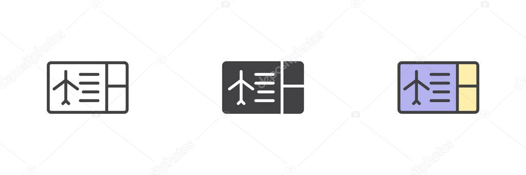 Airplane ticket different style icon set. Line, glyph and filled outline colorful version, outline and filled vector sign. Boarding pass symbol, logo illustration. Vector graphics