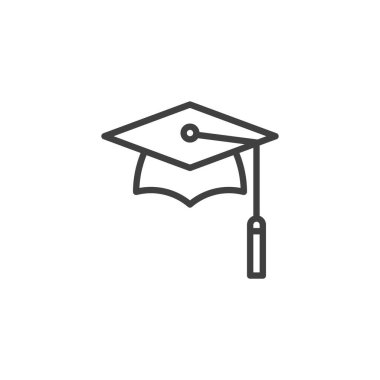 Mezuniyet şapkası çizgisi simgesi. Mobil konsept ve web tasarımı için doğrusal biçim işareti. Tassel taslak vektör ikonlu akademik başlık. Sembol, logo çizimi. Vektör grafikleri