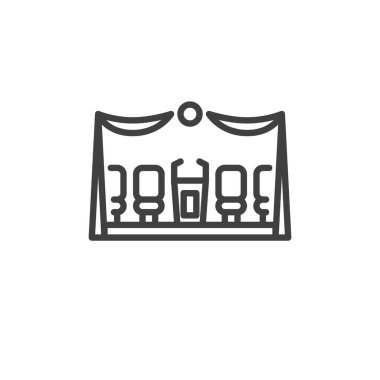 Mezuniyet aşaması simgesi. Mobil konsept ve web tasarımı için doğrusal biçim işareti. Dekorasyonlu ve sandalyeli sahne vektör simgesi. Tören platformu sembolü, logo illüstrasyonu. Vektör grafikleri