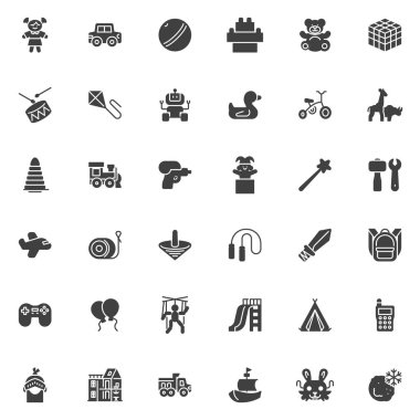 Çocuk oyuncakları vektör simgeleri seti, modern katı sembol koleksiyonu, doldurulmuş resim paketi. İşaretler, logo illüstrasyonu. Oyuncak bebek, top, araba, tuğla, blok, oyuncak ayı, oyun alanı, robot simgeleri