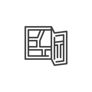 Katlanmış turist haritası simgesi. Mobil konsept ve web tasarımı için doğrusal biçim işareti. Ana hat vektör simgesine sahip harita. Sembol, logo çizimi. Vektör grafikleri