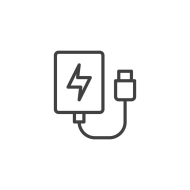 Power Bank hat simgesi. Mobil konsept ve web tasarımı için doğrusal biçim işareti. Taşınabilir batarya, yıldırımlı ana hatlı vektör simgesi. Dış pil şarj sembolü, logo illüstrasyonu. Vektör grafikleri