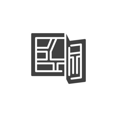 Rota vektör simgesiyle seyahat haritası. Mobil konsept ve web tasarımı için düz tabela. Katlanmış turist haritası sembolü. Sembol, logo çizimi. Vektör grafikleri