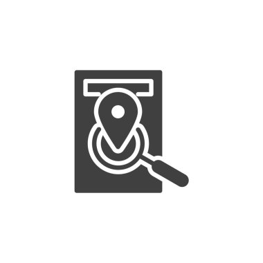 Harita iğnesi ve büyüteç ikonlu rehber kitap. Mobil konsept ve web tasarımı için düz tabela. Seyahat Rehberi simgesi. Sembol, logo çizimi. Vektör grafikleri