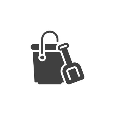 Kürek vektör ikonlu küçük bir kova. Mobil konsept ve web tasarımı için düz tabela. Kum kovası sembolü. Sembol, logo çizimi. Vektör grafikleri