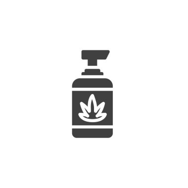 Aloe losyon şişe vektör ikonu. Mobil konsept ve web tasarımı için düz tabela. İçinde aloe yaprağı sembolü olan bir şişe. Sembol, logo çizimi. Vektör grafikleri