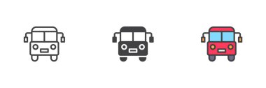 Havaalanı servis otobüsü farklı stil simgesi seti. Çizgi, kabartma ve doldurulmuş renkli versiyon, ana hatlar ve doldurulmuş vektör işareti. Sembol, logo çizimi. Vektör grafikleri