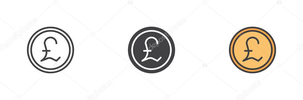 British Pound Sterling currency different style icon set. Line, glyph and filled outline colorful version, outline and filled vector sign. Pound coin symbol, logo illustration. Vector graphics