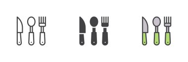 Bıçak, kaşık ve çatal farklı stil ikonu seti. Çizgi, kabartma ve doldurulmuş renkli versiyon, ana hatlar ve doldurulmuş vektör işareti. Mutfak eşyaları, çatal bıçak, logo çizimi. Vektör grafikleri