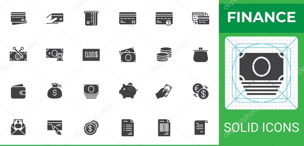 Finance solid glyph icon pack. Vector symbol collection with icons like credit card, wallet, piggy bank, cash, coins, money bag, currency exchange. A bold icon set perfect for financial apps and reports