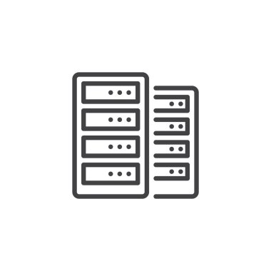 Görünür panelleri olan bir veri sunucu kulesinin ana vektör simgesini çiz. Bu çizgi simgesi bilişim altyapısını ve merkezi depoyu sembolize eder. Modern biçimdeki ağ simgesi.