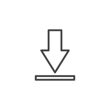 Çizgi simgesi bir yüzeyi işaret eden aşağı doğru bir ok gösteriyor. Bu dış hat vektör simgesi veri indirmeyi veya kaydetmeyi temsil eder. Dijital kullanım için ağ sembolü.