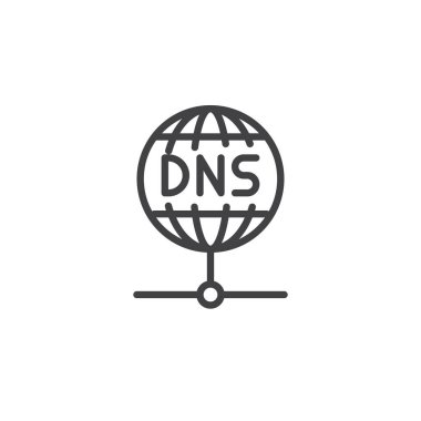 Alan adı sistemini temsil eden DNS küresel çizgi simgesi. İnternet çözünürlüğü ve dijital ağ oluşturma için taslak vektör simgesi. Satır biçiminde teknik simge.