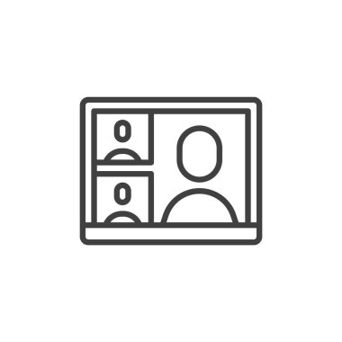 Uzaktan çalışmayı ya da çevrimiçi toplantıları temsil eden bir ekranın görüntü arayüzü içindeki insanların bulunduğu simgesi. Bu dış hat vektör simgesi bir iletişim sembolü olarak idealdir. Logo simgesi biçimi.