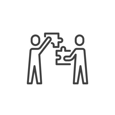 İşbirliği ve planlamayı temsil eden bir grafikle birlikte çalışan iki kişinin taslak simgesi. Bu satır biçimi simgesi takım çalışması vektör sembolü olarak idealdir. Logo simgesi grafiği.