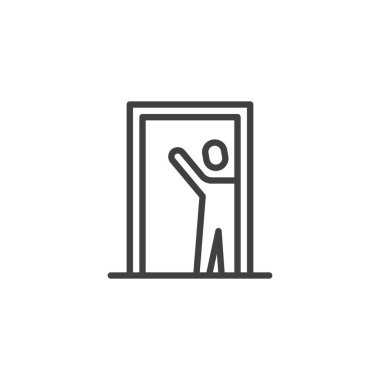 Kapıdan giren bir figürün ana simgesi, binişi simgeliyor, yeni bir takım üyesi ya da giriş. Bu çizgi vektör simgesi HR görselleri için mükemmel. Logo simgesi.