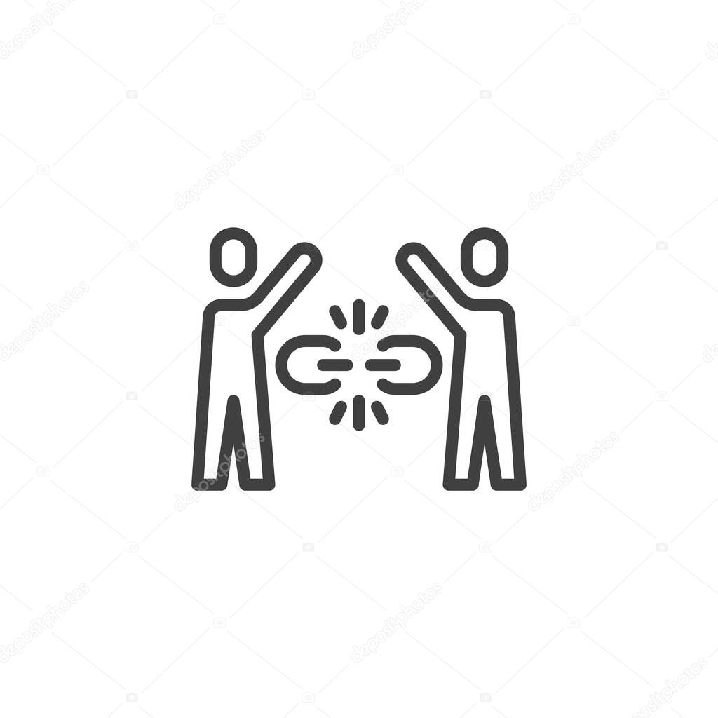 Line icon of two figures with a broken chain between them, symbolizing conflict resolution and restored harmony. This outline vector icon is perfect for teamwork visuals. Logo icon and symbol format.