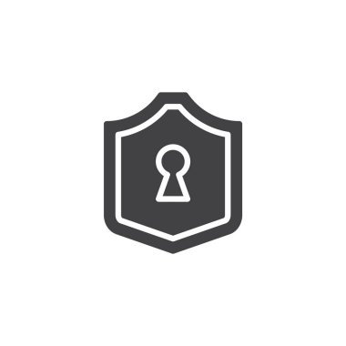 Güvenlik kartı simgesi gibi sağlam. Korunmayı simgeleyen asma kilitli bir kalkan vektör simgesi. Bu katı simge, güvenli erişim ve güvenliğin sembolü..