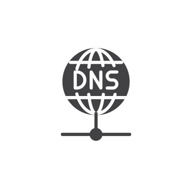 DNS sunucusu katı glyph simgesi. DNS etiketli bir küresel vektör simgesi. Bu katı simge alan adı sistemi ve ağ yönlendirmesi için bir glif- biçimi sembolüdür..
