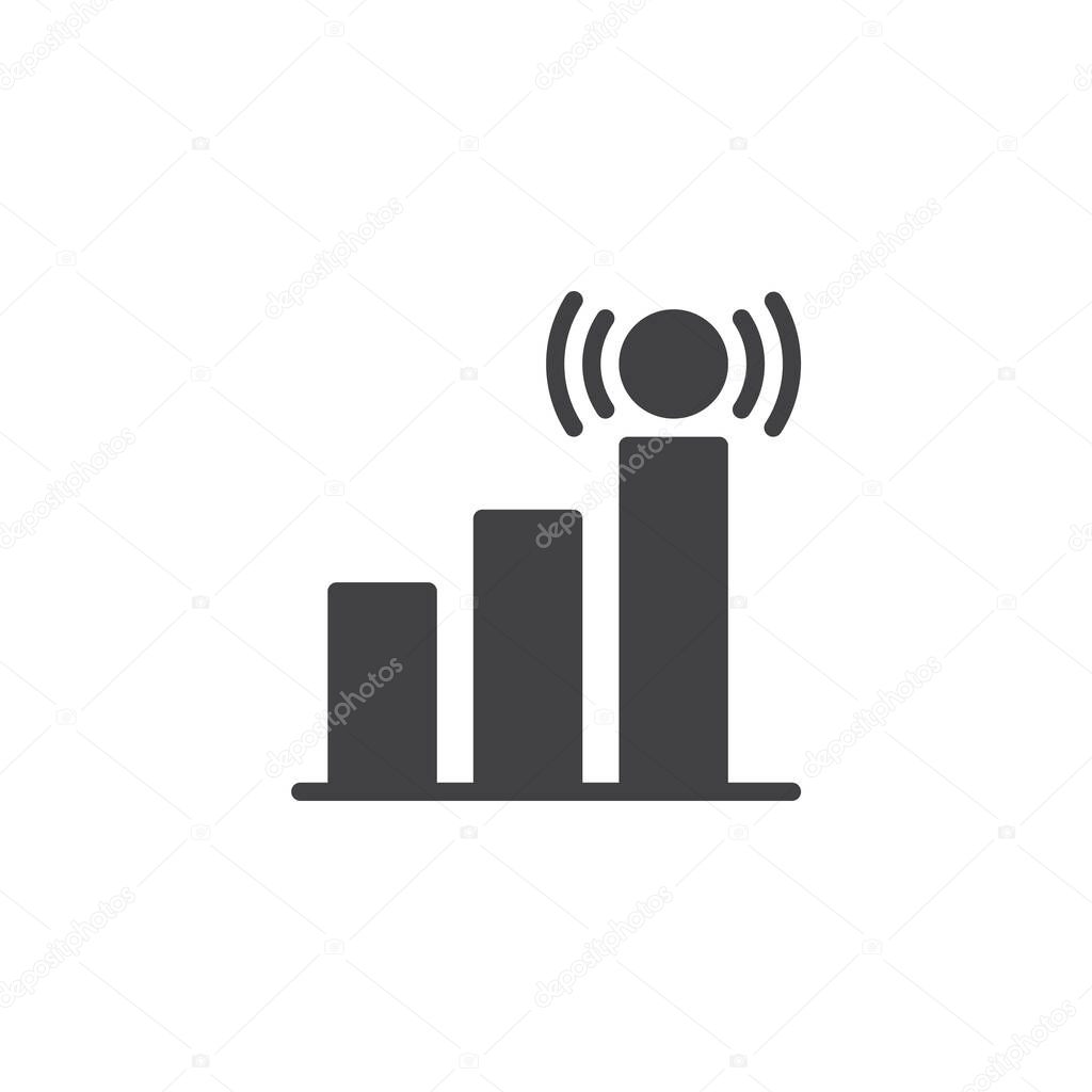 Network bar chart solid glyph icon. A graph vector icon with wireless signal bars. This solid icon acts as a glyph-style symbol for data metrics or connectivity.