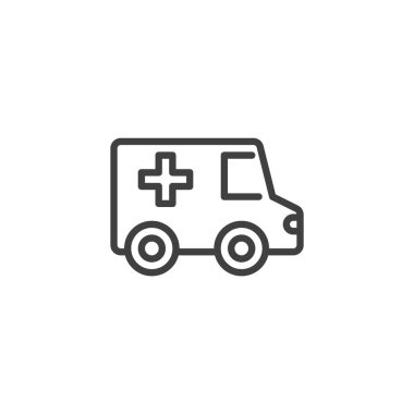Tıbbi haçı olan bir ambulansın taslak vektör simgesi. Bu çizgi simgesi acil durum tepkisini, kurtarma aracını ve sağlık hizmetlerini sembolize eder.