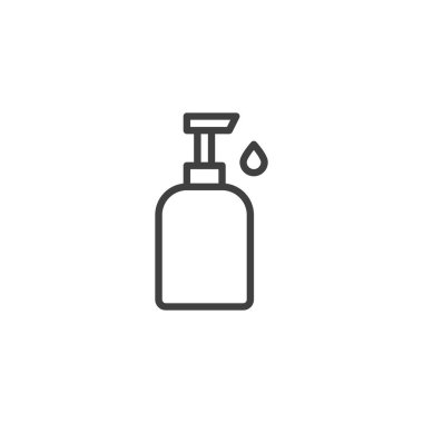 El dezenfektanı pompa hattı ikonu. Hijyen, dezenfeksiyon ve sağlık hizmetleri için taslak vektör ikonu. Pompa tasarımlı temiz sembol simgesi. Satır biçiminde vektör illüstrasyonu.
