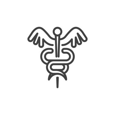 Caduceus çizgi ikonu. Klasik sembolün ana simgesi olan personel ve yılanların ana hatları genellikle tıp ve sağlık hizmetleri ile ilişkilidir. Temiz doğrusal dizaynda sembol simgesi. İyileştirme simgesi.