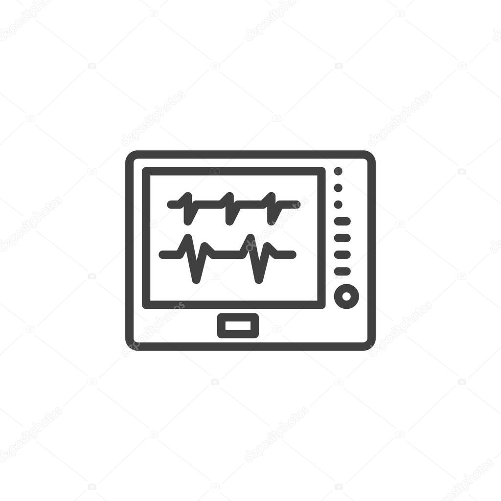 Heart monitor screen line icon. Outline vector icon representing vital signs monitor in hospital. Medical device symbol icon with waveform. Clean stroke symbol for health use.