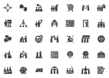 Takım çalışması katı bir sembol seti. İşbirliği, liderlik ve beyin fırtınası için vektör işaretleri ve semboller. Bulmaca, sunum, tartışma, büyüme, hedef, ödül ve video çağrısı gibi simgeleri içerir.