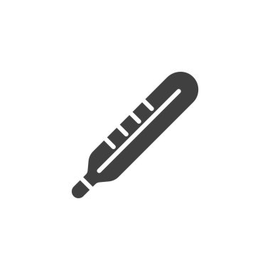 Termometre katı vektör simgesi. Isı kontrolünü sembolize eden sembolik sembol. Bu simge tıbbi sağlık ve ateş okuma işaretleri için mükemmel..