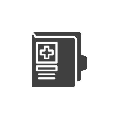 Tıbbî rapor, katı kabartma simgesi. Pano veya belge gösteren vektör simgesi. Sağlık kayıtlarında, teşhislerde veya hastane tabela kullanımında kullanılan sembol simgesi.