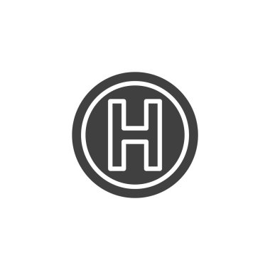 Hastane simgesi yuvarlak. Çemberin içinde 'H' olan bir glifli vektör simgesi. Sağlık hizmetleri ve klinikler için sembol ve işaret olarak kullanılan cesur tıbbi simge.